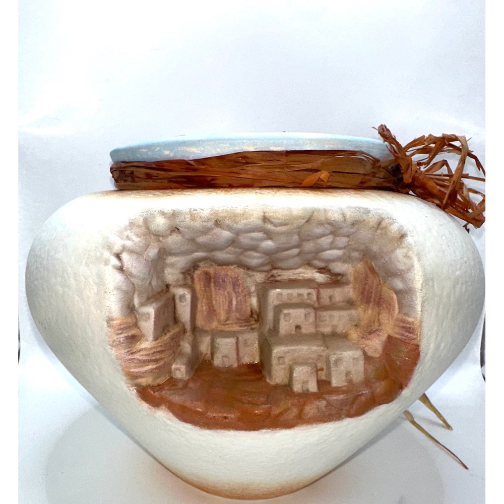 Vintage 1991 Signed Southwestern Cliff Dwelling Pottery Vase Raffia Detail 7in
